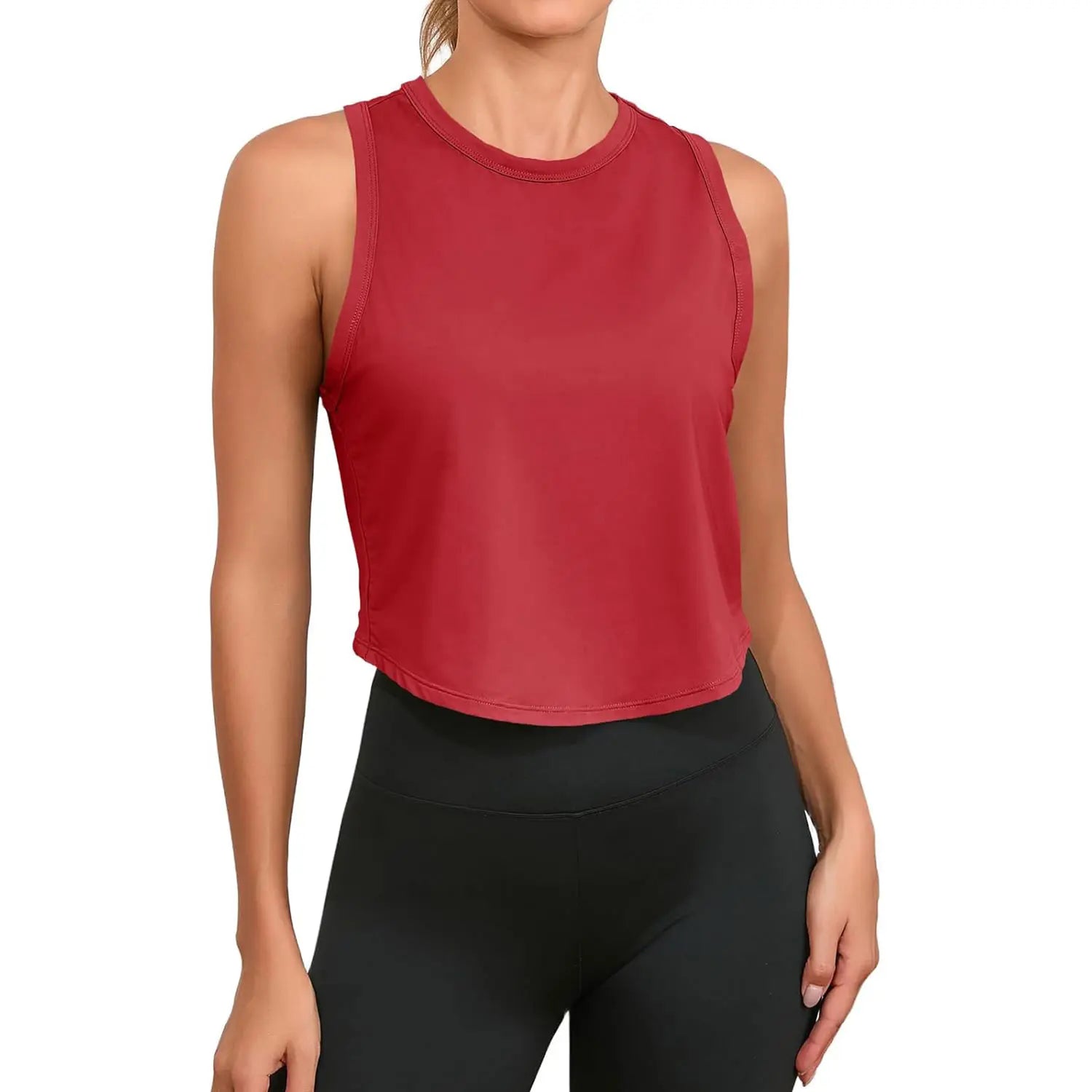 Fisoew Womens Workout Cropped Tank Tops Racerback Sleeveless Crewneck Running Yoga Active Shirts Womenswear Clothes #Summervibes