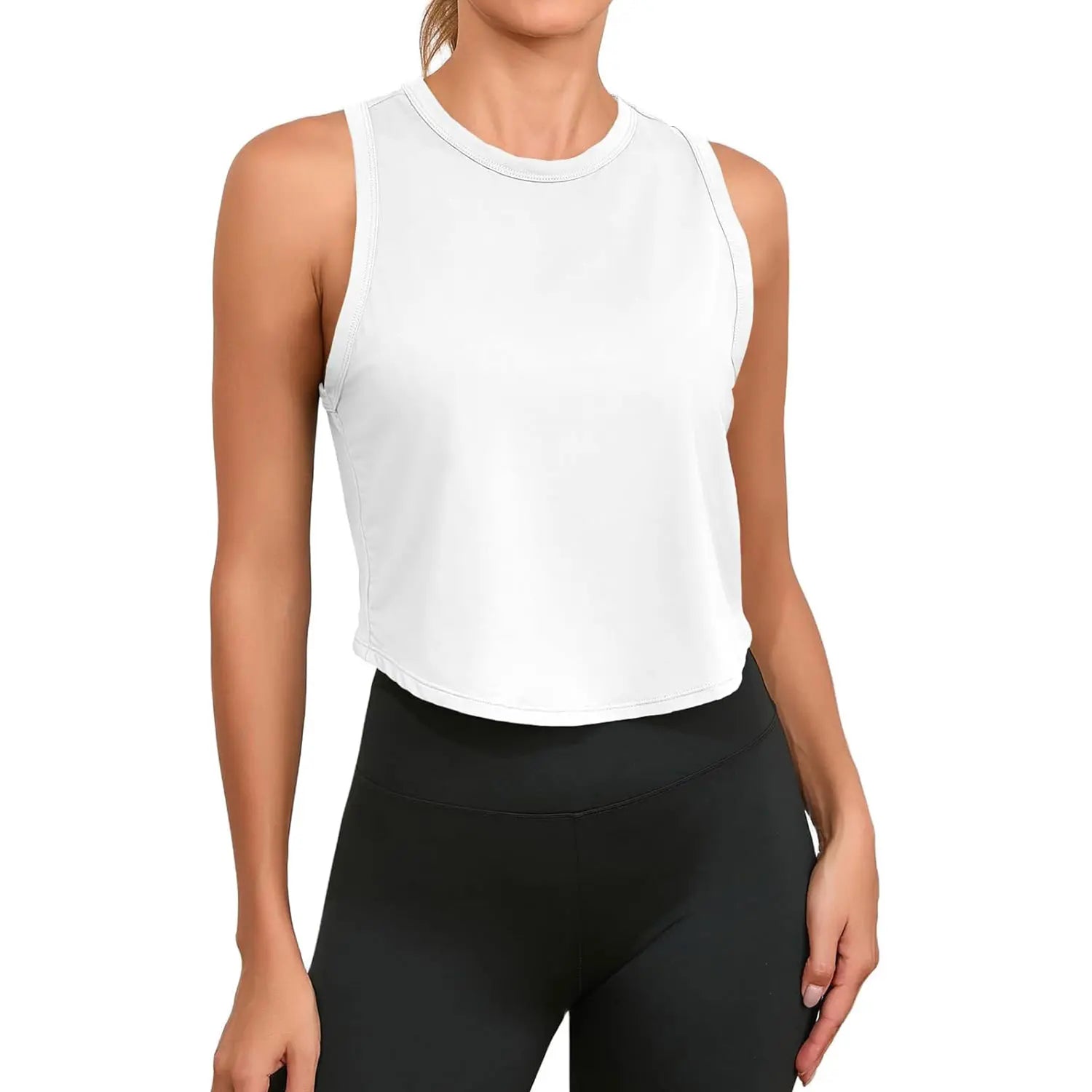 Fisoew Womens Workout Cropped Tank Tops Racerback Sleeveless Crewneck Running Yoga Active Shirts Womenswear Clothes #Summervibes
